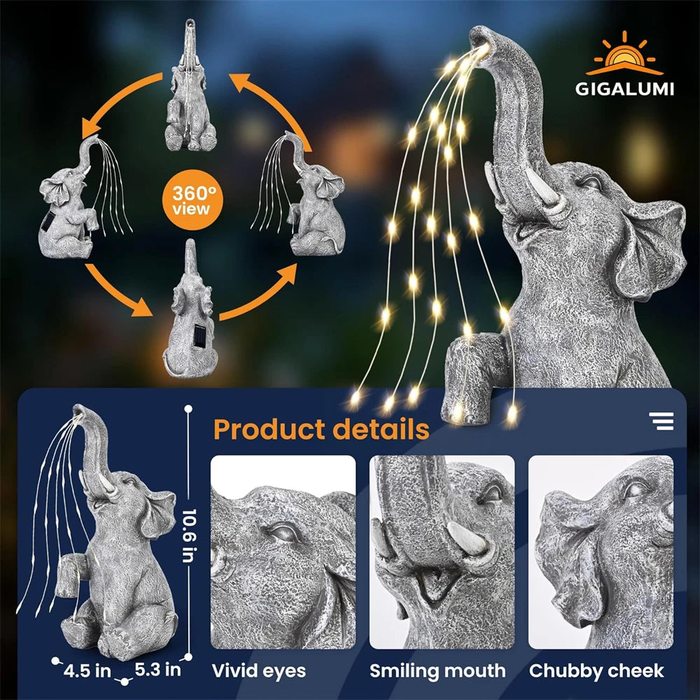 Garden Elephant Statue with Solar Powered LED String Lights