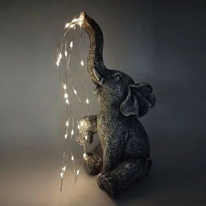 Garden Elephant Statue with Solar Powered LED String Lights