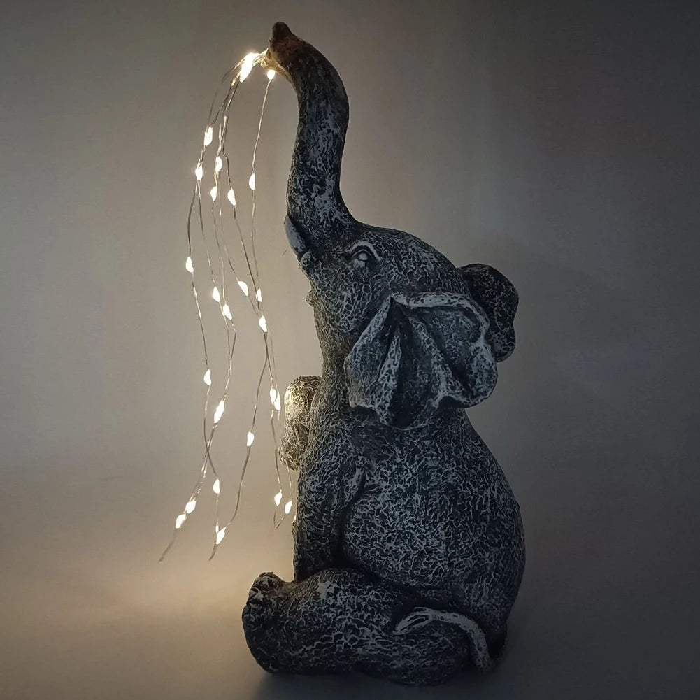 Garden Elephant Statue with Solar Powered LED String Lights