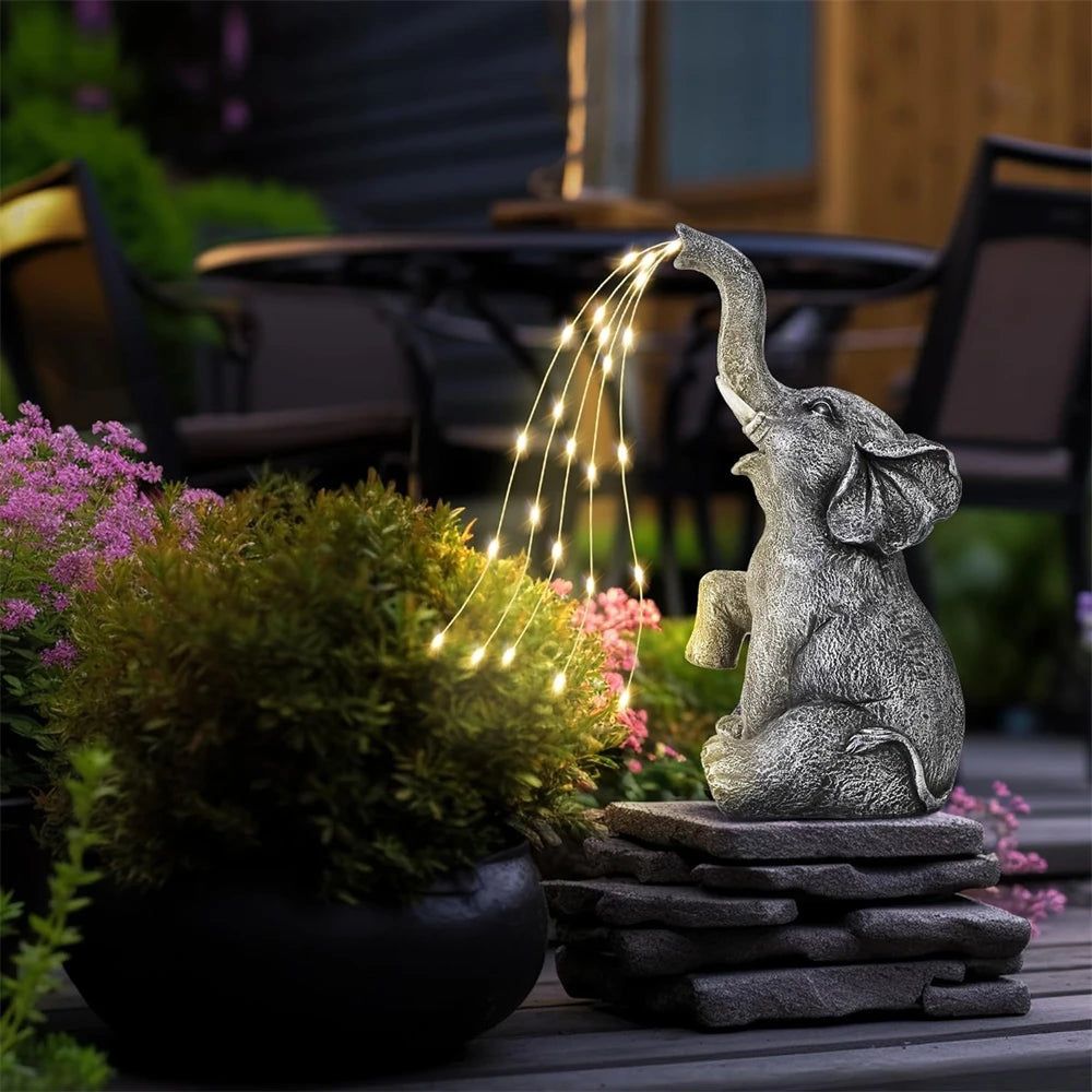 Garden Elephant Statue with Solar Powered LED String Lights