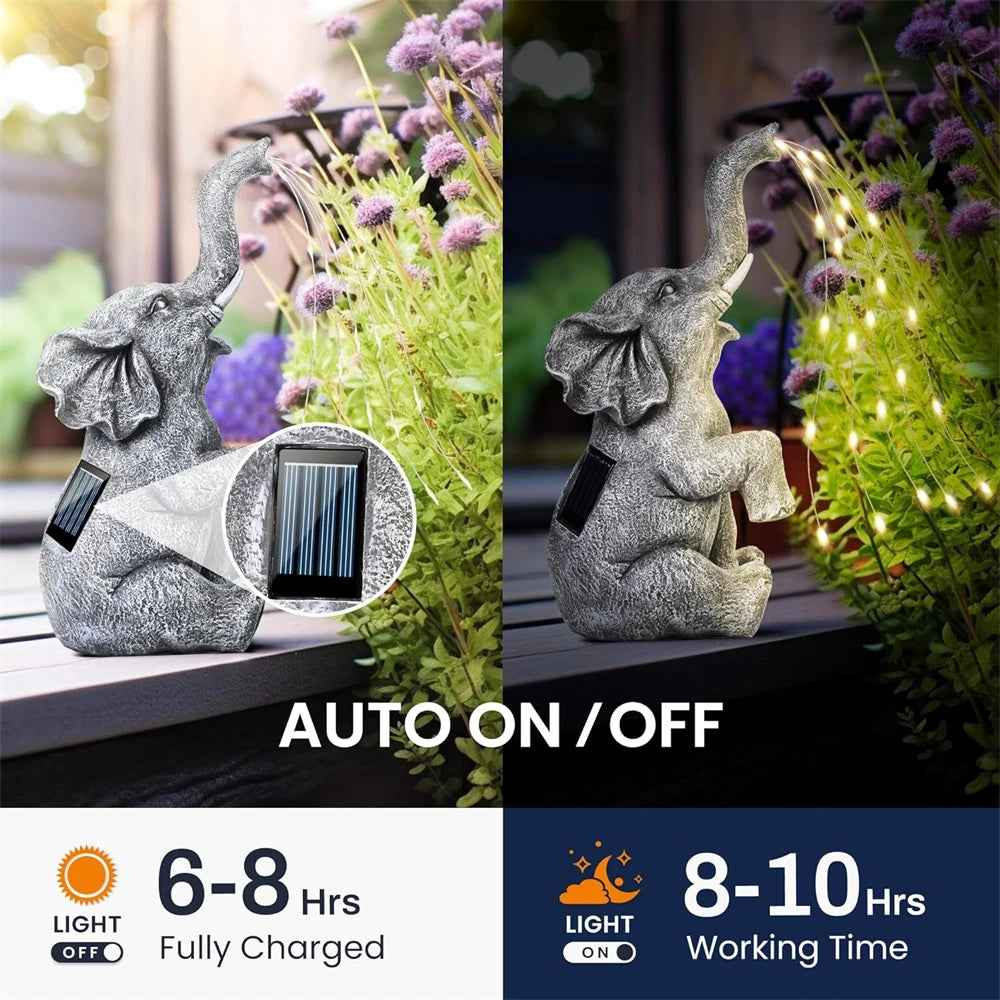 Garden Elephant Statue with Solar Powered LED String Lights