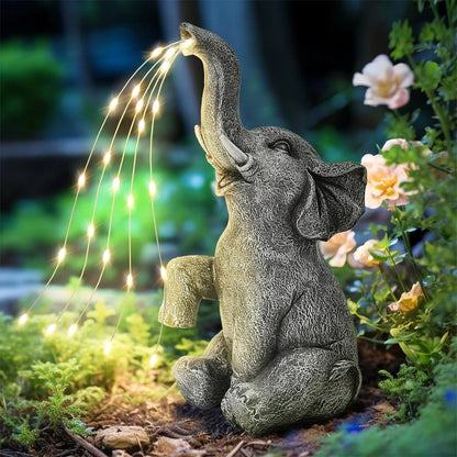 Garden Elephant Statue with Solar Powered LED String Lights