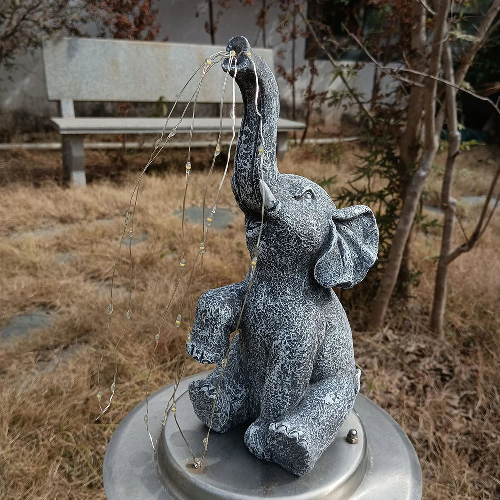 Garden Elephant Statue with Solar Powered LED String Lights