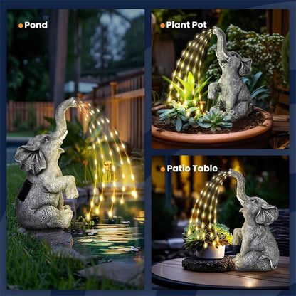 Garden Elephant Statue with Solar Powered LED String Lights